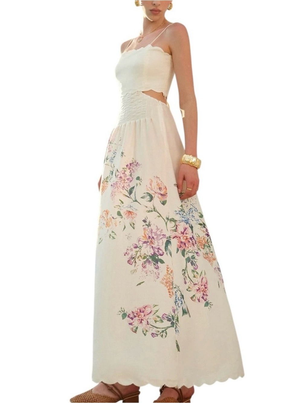 Commense Floral Cutout Maxi Dress Small Cream Scallop Lace Up Back